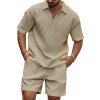 Ensemble deux pièces pour homme, décontracté, couleur unie, texturé, fermeture éclair 1/4, col rabattu, t-shirt et short à taille élastique avec cordon de serrage - café lumière XXXL | US 14