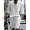Ensemble deux pièces pour homme, haut en tricot à manches mi-longues et col en V en jacquard de couleur unie, avec cordon de serrage, taille élastique et poches. - Blanc S