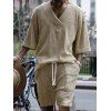 Ensemble deux pièces pour homme, haut en tricot à manches mi-longues et col en V en jacquard de couleur unie, avec cordon de serrage, taille élastique et poches. - café lumière XL