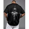 T-shirt décontracté à col rond et manches courtes pour homme, motif boussole et montagne - Noir XXXL