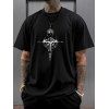 T-shirt décontracté à col rond et manches courtes pour homme, motif boussole et montagne - Noir XXXL