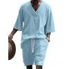 Ensemble deux pièces pour homme, haut en tricot à manches mi-longues et col en V en jacquard de couleur unie, avec cordon de serrage, taille élastique et poches. - Bleu clair XXXL