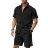 Ensemble deux pièces en velours côtelé texturé pour homme, couleur unie, poches avant, chemise boutonnée et short à cordon de serrage - Noir XXXL