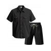 Ensemble deux pièces en velours côtelé texturé pour homme, couleur unie, poches avant, chemise boutonnée et short à cordon de serrage - Noir XXXL