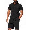 Ensemble deux pièces en velours côtelé texturé pour homme, couleur unie, poches avant, chemise boutonnée et short à cordon de serrage - Noir XXXL