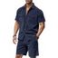 Ensemble deux pièces en velours côtelé texturé pour homme, couleur unie, poches avant, chemise boutonnée et short à cordon de serrage - Vert profond XXXL