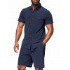 Ensemble deux pièces en velours côtelé texturé pour homme, couleur unie, poches avant, chemise boutonnée et short à cordon de serrage - Bleu XXXL