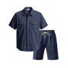 Ensemble deux pièces en velours côtelé texturé pour homme, couleur unie, poches avant, chemise boutonnée et short à cordon de serrage - Bleu XXXL