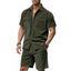 Ensemble deux pièces en velours côtelé texturé pour homme, couleur unie, poches avant, chemise boutonnée et short à cordon de serrage - Vert profond XXXL