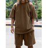 Ensemble deux pièces pour homme, couleur unie, col rond, manches mi-longues, pull, t-shirt et short droit à taille élastique avec cordon de serrage - café XXXL | US 14