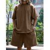 Ensemble deux pièces pour homme, couleur unie, col rond, manches mi-longues, pull, t-shirt et short droit à taille élastique avec cordon de serrage - café XXXL | US 14