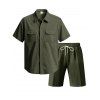 Ensemble deux pièces en velours côtelé texturé pour homme, couleur unie, poches avant, chemise boutonnée et short à cordon de serrage - Vert profond XXXL