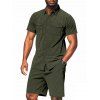 Ensemble deux pièces en velours côtelé texturé pour homme, couleur unie, poches avant, chemise boutonnée et short à cordon de serrage - Vert profond XXXL