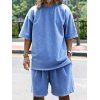Ensemble deux pièces pour homme, couleur unie, col rond, manches mi-longues, pull-over, t-shirt et short droit à taille élastique avec cordon de serrage - Bleu XXXL