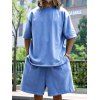 Ensemble deux pièces pour homme, couleur unie, col rond, manches mi-longues, pull-over, t-shirt et short droit à taille élastique avec cordon de serrage - Bleu XXXL