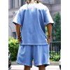 Ensemble deux pièces pour homme, couleur unie, col rond, manches mi-longues, pull-over, t-shirt et short droit à taille élastique avec cordon de serrage - Bleu XXXL