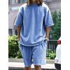 Ensemble deux pièces pour homme, couleur unie, col rond, manches mi-longues, pull-over, t-shirt et short droit à taille élastique avec cordon de serrage - Bleu XXXL