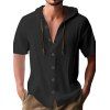 T-shirt à capuche boutonné à manches courtes pour homme, couleur unie, décontracté - Noir XXXL