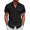 Chemise décontractée en velours côtelé à col rabattu et à boutons pour homme, couleur unie, texturée, avec poche avant - Noir XXXL