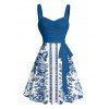 Robe de vacances à imprimé floral ethnique, buste froncé, ceinture, col en cœur, coupe trapèze, mini, décontractée - Bleu XXXXXL | US 20
