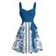 Robe de vacances à imprimé floral ethnique, buste froncé, ceinture, col en cœur, coupe trapèze, mini, décontractée - Bleu XXXXXL | US 20