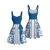 Robe de vacances à imprimé floral ethnique, buste froncé, ceinture, col en cœur, coupe trapèze, mini, décontractée - Bleu XXXXXL | US 20