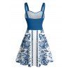 Robe de vacances à imprimé floral ethnique, buste froncé, ceinture, col en cœur, coupe trapèze, mini, décontractée - Bleu XXXXXL | US 20