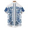 Chemise de vacances à imprimé floral ethnique pour homme, boutonnée, retroussée, manches courtes, décontractée - Bleu 5XL