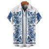 Chemise de vacances à imprimé floral ethnique pour homme, boutonnée, retroussée, manches courtes, décontractée - Bleu 5XL