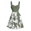 Robe de vacances à motif floral et feuilles, buste froncé, ceinture, col en cœur, mini robe de plage trapèze - Vert profond XXXXXL | US 20
