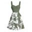 Robe de vacances à motif floral et feuilles, buste froncé, ceinture, col en cœur, mini robe de plage trapèze - Vert profond XXXXXL | US 20
