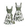 Robe de vacances à motif floral et feuilles, buste froncé, ceinture, col en cœur, mini robe de plage trapèze - Vert profond XXXXXL | US 20