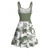 Robe de vacances à motif floral et feuilles, buste froncé, ceinture, col en cœur, mini robe de plage trapèze - Vert profond XXXXXL | US 20