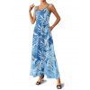 Robe de vacances à motif de feuilles et de plantes, avec poches, bretelles spaghetti réglables, robe de plage longue trapèze - Bleu gris XXL | US 14
