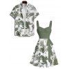 Vacation Couple Outfit Floral Leaf Pattern Ruched Bust Belt Sweetheart Neck Dress and Button Up Shirt Beach Matching Outfit - Vert profond S | US 4