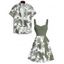 Vacation Couple Outfit Floral Leaf Pattern Ruched Bust Belt Sweetheart Neck Dress and Button Up Shirt Beach Matching Outfit - Vert profond S | US 4