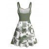 Vacation Couple Outfit Floral Leaf Pattern Ruched Bust Belt Sweetheart Neck Dress and Button Up Shirt Beach Matching Outfit - Vert profond S | US 4