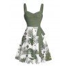 Vacation Couple Outfit Floral Leaf Pattern Ruched Bust Belt Sweetheart Neck Dress and Button Up Shirt Beach Matching Outfit - Vert profond S | US 4
