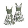 Vacation Couple Outfit Floral Leaf Pattern Ruched Bust Belt Sweetheart Neck Dress and Button Up Shirt Beach Matching Outfit - Vert profond S | US 4
