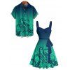 Vacation Couple Outfit Ombre Octopus Pattern Ruched Bust Belt Sweetheart Neck Dress and Button Up Shirt Beach Matching Outfit - Vert profond S | US 4