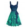 Vacation Couple Outfit Ombre Octopus Pattern Ruched Bust Belt Sweetheart Neck Dress and Button Up Shirt Beach Matching Outfit - Vert profond S | US 4