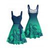 Vacation Couple Outfit Ombre Octopus Pattern Ruched Bust Belt Sweetheart Neck Dress and Button Up Shirt Beach Matching Outfit - Vert profond S | US 4