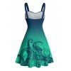 Vacation Couple Outfit Ombre Octopus Pattern Ruched Bust Belt Sweetheart Neck Dress and Button Up Shirt Beach Matching Outfit - Vert profond S | US 4