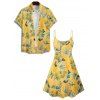 Vacation Couple Outfit Pineapple Leaf Pattern Spaghetti Strap V Neck A Line Mini Tank Dress and Button Up Shirt Hawaii Matching Outfit - Jaune S | US 4