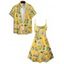 Vacation Couple Outfit Pineapple Leaf Pattern Spaghetti Strap V Neck A Line Mini Tank Dress and Button Up Shirt Hawaii Matching Outfit - Jaune S | US 4