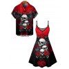 Gothic Couple Outfit Skulls Floral Butterfly Eagle Pattern Spaghetti Strap Tank Dress and Button Up Shirt Vacation Matching Outfit - Rouge S | US 4