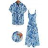 Vacation Couple Outfit Leaf Plant Pattern Pocket Spaghetti Strap A Line Long Dress and Button Up Shirt Beach Matching Outfit - Bleu gris S | US 4