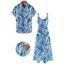 Vacation Couple Outfit Leaf Plant Pattern Pocket Spaghetti Strap A Line Long Dress and Button Up Shirt Beach Matching Outfit - Bleu gris S | US 4