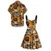 Gothic Couple Outfit Allover Sunflower Skulls Pattern Ruched Bust Belt Sweetheart Neck Dress and Button Up Shirt Vacation Matching Outfit - orange clair S | US 4
