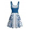 Vacation Couple Outfit Floral Ethnic Print Ruched Bust Belt Sweetheart Neck Dress and Button Up Shirt Matching Outfit - Bleu S | US 4